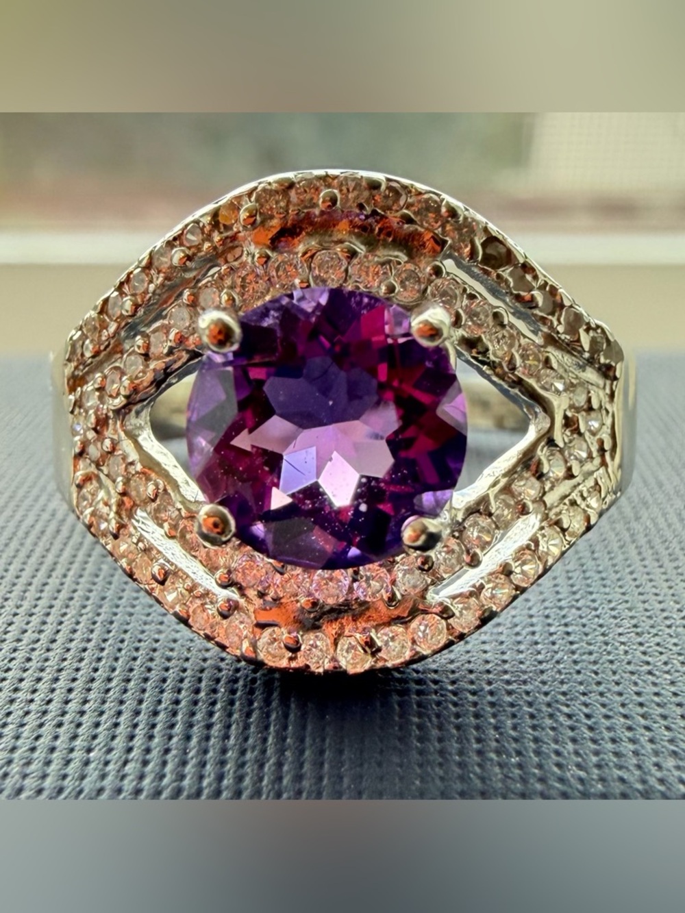 14K White Gold Over 925 Diamonds Sapphire and 1.15 CTW Amethyst Size 7.5